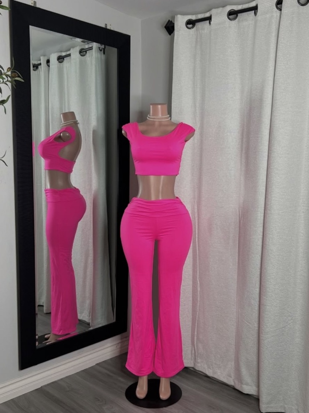 Hot Pink Two-Piece Crop Top & Flared Pants Set